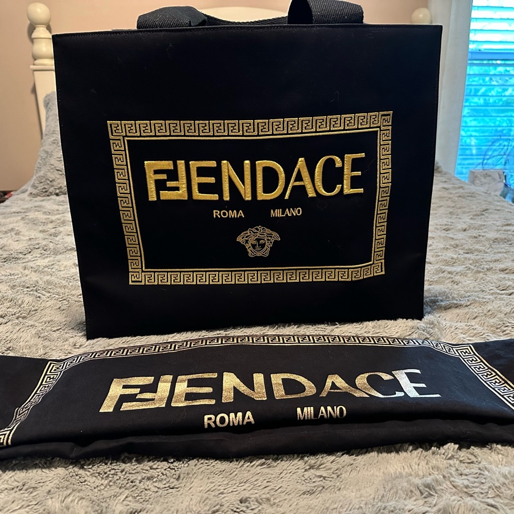 Authentic Fendi x Versace Fendace Black Canvas Convertible Large Shopping Tote